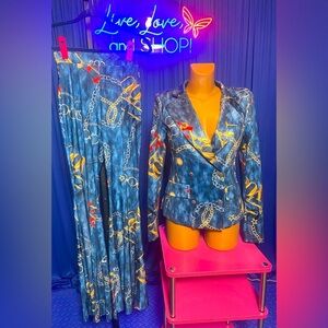 2 Piece: Vintage Style Blue w/Gold Chainlink “You Only” Print, NWOT